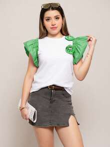 Blusa ligera para mujer de moda con olanes y flores 3D en bicolor de estilo casual para uso diario - Verde - Ver 4