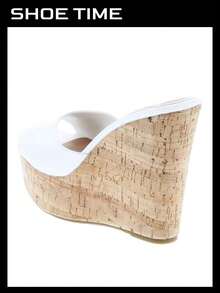 Women's Platform Wedge Slide Sandals – Open Toe Slip-On High Heel Mules With Cork Design - White - View 3