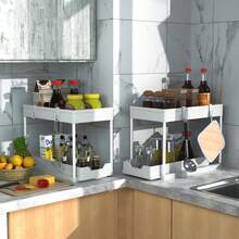 2 Tier Under Sink Storage Rack , Kitchen Cabinet Storage Rack, Double Sliding Cabinet Basket Storage Drawer, Multi-Functional Bathroom Collection Basket, Organizer, Shelf For Under Counter Kitchen Storage With 5 Hooks 2 Hanging Baskets Kitchen Decor Holiday Gift - trắng - Xem 4