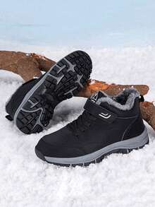 Giày bốt cổ thấp lót giữ nhiệt dành cho thanh thiếu niên/học sinh, bốt đi tuyết ngoài trời, bốt leo núi, giữ ấm, chống lạnh, chống mài mòn, chống trượt, khóa dán tiện lợi (Màu lớp lót lông không đối xứng, giao hàng ngẫu nhiên) - màu đen - Xem 15