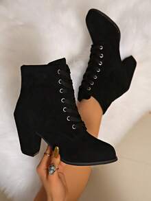 2025 Jesień/Zima Plus Size Europejskie i Amerykańskie Modne Sznurowane Rzymskie Rycerze, Damskie Czarne Kozaki z Wysokim Cholewką, Okrągły Nosek, Grube Wysokie Kozaki - Czarne - Zobacz 4
