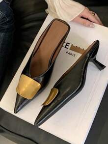 2025 Summer New Metal Buckle Pointed Toe Thin Heel Mid-Heel Mule Sandals For Women, Closed Toe Slip-On, Elegant, Women Pumps, Elegant, Kitten Heels - Black - View 1