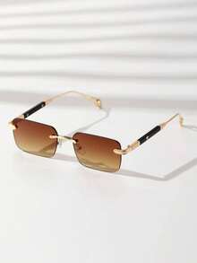1pc Men's Summer Frameless Travel Sunglasses With Metal Thick Heart-Shaped Arm Design, Luxurious For Driving, Fashion Eyewear (With Glasses Case & String) For Summer Beach Vacation,Outdoor,Travel - 金色 - 查看 8