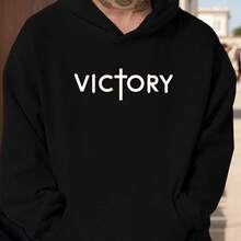 Hoodie Victory Cross Men's Casual Hoodie - Black With White Font, Loose Style, Long Sleeve, Zipper Cap, Non-Stretch Fabric, Great For Casual Clothing, Casual Hoodie | Bold Font Hoodie | Non-Stretch Hoodie - Black - View 2