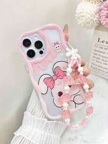 Ốp điện thoại chống rơi màu hồng bóng, chất liệu kem, viền lượn sóng, in hình chú heo và thỏ dễ thương, kèm phụ kiện vòng tay đính hạt thủ công. - Nhiều màu - Xem 4