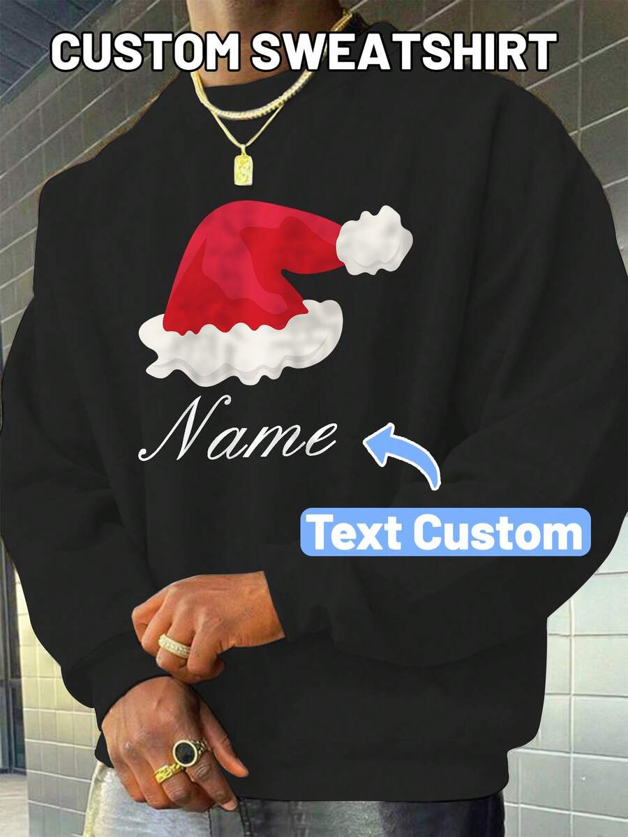Men Plus Personalized Christmas Hat Customized Text Design Sweatshirt, Great Christmas Gift For Friends And Family, Long Sleeve Top - Black - View 1