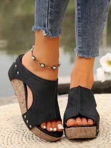 2025 New Wedge Women's Slip-On Sandals Fashionable And Versatile Retro With Metal Buckle Straps, Faux Cover Summer Casual Heels Black, Brown Gold Tone, Comfortable Rubber Soles, Suitable For Casual Outfits, Comfortable Heels|Sheer Toe Sandals|Platform Sandals, High Heeled Sandals - 黑色 - 查看 4