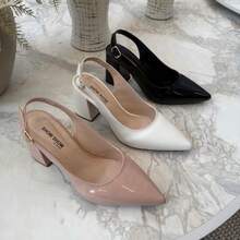 Show Show Women's Pointed Toe Slingback Pumps, Button-Down Strap At The Back, 7cm Block High Heel, Soft, Smooth - VECNI ĐEN - Xem 4