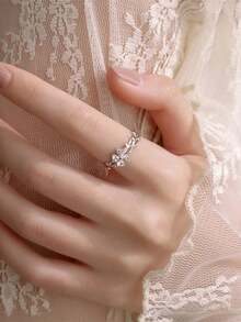 1pc Stainless Steel Purple Four-Leaf Clover & Cubic Zirconia Open Ring, Sweet Style Suitable For Women's Daily Wear - 銀紅色 - 查看 6