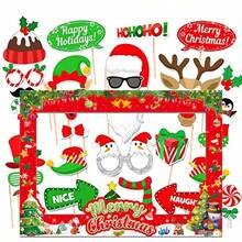 1pc Christmas Photo Frame+32pcs Handheld Photobooth Props, Red Christmas Decoration, Funny Photo Frame Paper, Handheld Photo Props, Party Supplies Set, Used For Taking Photos At Parties And Gatherings With Friends And Family