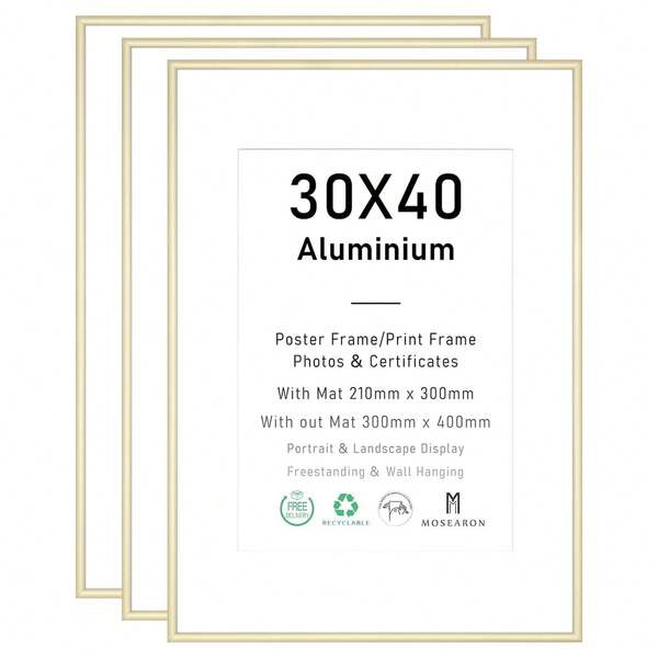 2/3pcs 12x16in/30x40cm Gold Aluminum Alloy Photo Frames, A3/A4 Modern Home Decor Art Frames, Minimalist Stylish Gold Aluminum Alloy Decorative Frames