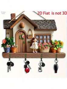 2D Flat - 1pc Cute Flat Printed Villa - Wood - Wooden Multifunctional Home Hooks - Key Holder With 4 Metal Hooks - Wall Decor, Porch Decor, Room Decor, Villa Decor, All Season Home Decor, 2D Flat - Multicolor - View 9
