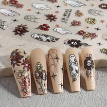 5-Pack 3D Halloween Nail Art Stickers And Decals - Cartoon Ghosts, Skulls & Floral Patterns, Plastic Self-Adhesive Nail Embellishments, Glass Surface Compatible, Single-Use Matte Fantasy Theme Nail Decor With Irregular Shapes And Embroidered Detail - Multicolor - View 9