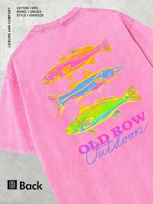 OLD ROW Classic Printed T-Shirt, With Retro And Colorful Fish Pattern Printing, Round Neck, Short Sleeves, 230g Washed Cotton, Loose Fit, Aged Appearance, Suitable For Summer, Men'S Casual Streetwear, Machine Washable - 玫紅色 - 查看 1