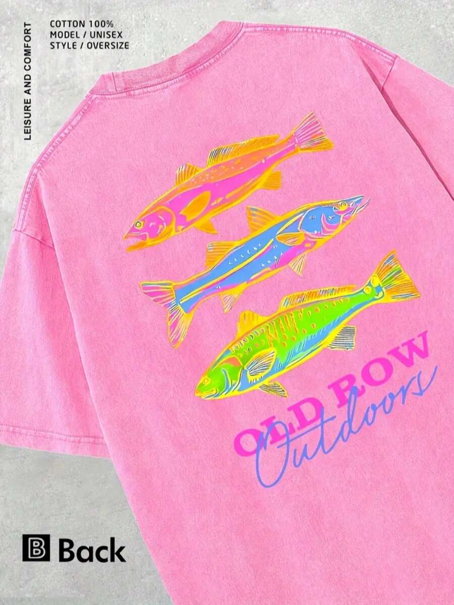 OLD ROW Classic Printed T-Shirt, With Retro And Colorful Fish Pattern Printing, Round Neck, Short Sleeves, 230g Washed Cotton, Loose Fit, Aged Appearance, Suitable For Summer, Men'S Casual Streetwear, Machine Washable - 玫紅色 - 查看 1