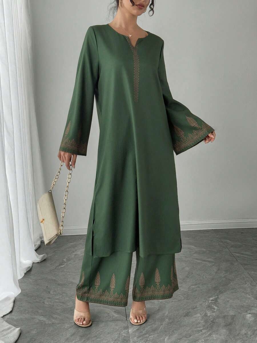 女士宽松两件套：V领长款喇叭袖连衣裙+松紧腰阔腿裤，休闲印花两件套，优雅奢华绿色正式晚宴派对假日日常穿着春季套装