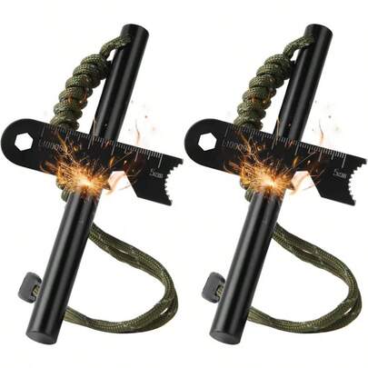 2 PCS Arrancador de Fuego de Pedernal de 3.14 Pulgadas, Varillas Ferro Supervivencia, Arrancador Incendios con Percutor y Cordn Mueca Paracord para Supervivencia Emergencia, Camping