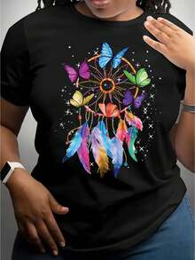 Damen T-Shirts,Women's Casual Short Sleeve T-Shirt With Soft Fabric, Round Neck, Colorful Feather Print, Leisure Sports Style Tee For adult, Men, Women, Teen, Teenager, adolescent, Youth