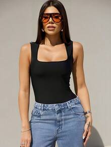 3-Piece Basic Bodysuit, Square Neckline, Wide Straps, Versatile Shapewear, Casual, Suplex, Fashion, Gringa Blogger - 黑白藍 - 查看 4