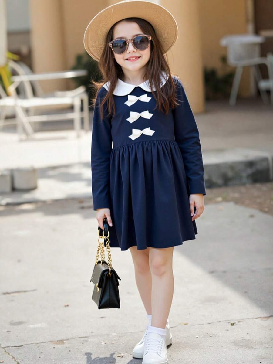 Girls' Long Sleeve Dress, Peter Pan Collar Bow Retro Style Dress, Navy Blue French Style Party Dress | Cute Young Girl Spring Outfit - Navy Blue - View 1