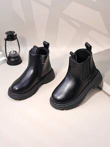 1 双黑色软皮+弹力面料幼儿/儿童切尔西靴，圆头，防滑鞋底，时尚可爱，适合男孩和女孩，休闲、学校、度假穿着，秋冬