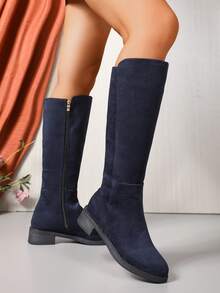 Women's Nude Suede Knee-High Riding Boots For Autumn/Winter, Thermal Lining For Warmth, Side Zipper Design For Easy On/Off, Slim Shaft For Elegant Height, Chunky Heel For Comfort, Classic Plain Style Suitable For Multiple Occasions,Party - Royal Blue - View 17
