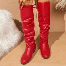 New Style High-Heeled Boots, Flat Thick Soles, Autumn And Winter Women's Boots, Daily Versatile, Comfortable, Wrinkled Plush Long Shoes - Red - View 4