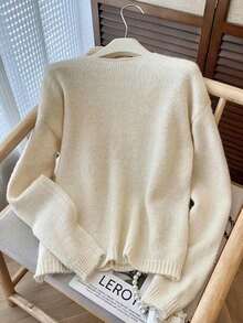 女式蕾丝拼布针织开衫，宽松设计毛衣外套，秋冬 - 杏色 - 查看 2