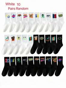 1/5/10/20双/包随机款式女士数字趣味图案条纹黑白纯色嘻哈复古风格运动中筒袜 - 彩色 - 查看 5