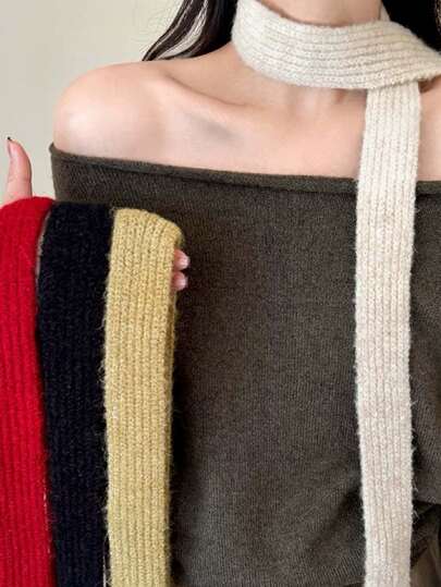 1pc Stylish Narrow Knitted Scarf For Women, Warm & Versatile Knitted Neck Warmer, Fashionable Accessory For Autumn/Winter