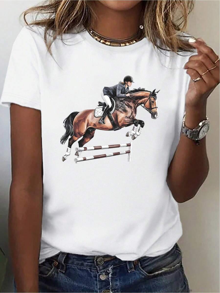 Women's 180g White Cotton Crew Neck Short Sleeve T-Shirt - Jumping Horse And Rider Print Design - Ideal For Horse Riding Lovers, Casual And Comfortable For Summer