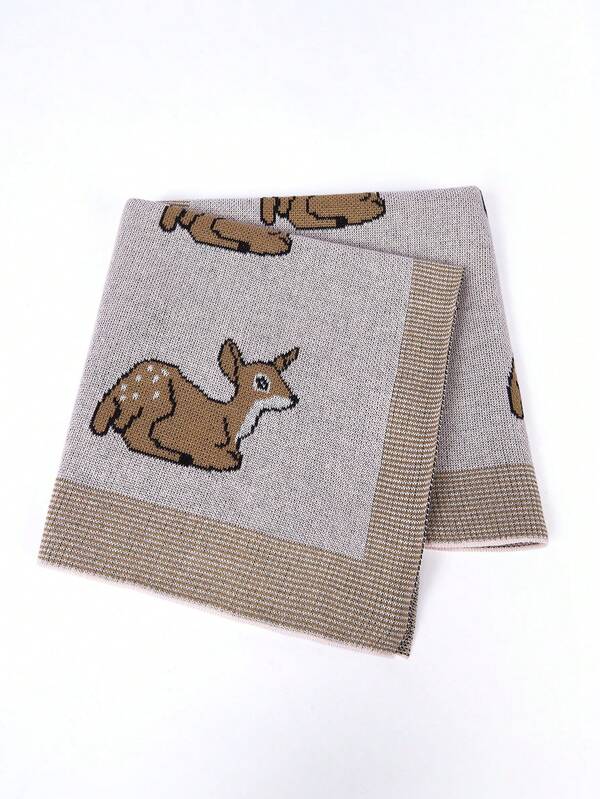 1pc Baby Knitted Blanket With Cartoon Deer Pattern, 100% Cotton Infant Cozy Throw Blanket For Daily Use