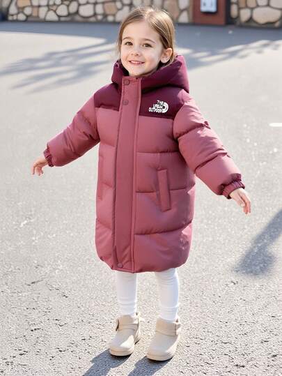 New Burgundy Mid-Length Autumn/Winter Warm Jacket For Toddler Boys & Girls, Padded Parka Coat For Infants & Children