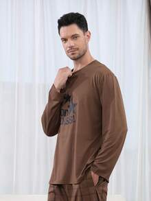 2 Stücke Herren Strick Pyjama Set, Langarm Hemd und lange Hose, kariertes Muster, lässige Loungewear