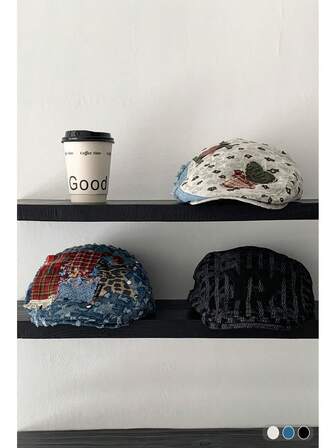 1 件小众贴花牛仔贝雷帽，可爱休闲报童帽，男女通用复古拼布牛仔画家帽，时尚百搭，适合秋冬保暖