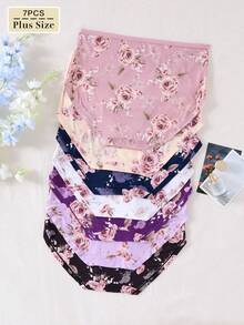 7 peças/pacote Calcinha Tipo Maiô Bikini de Cintura Média/Alta Confortável com Estampa de Rosa para Mulheres Plus Size