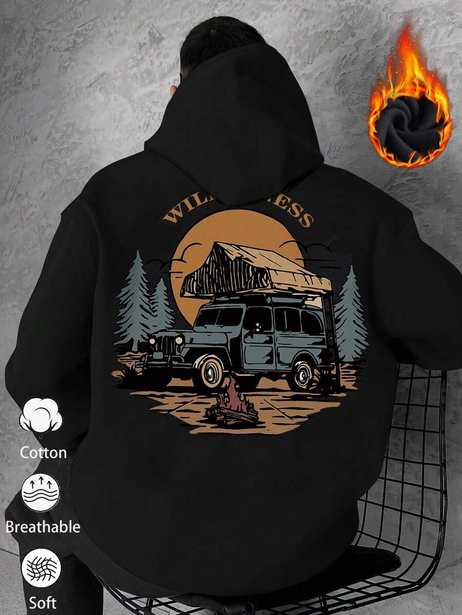 1 pezzo Felpa con cappuccio da uomo, felpa foderata in pile, design con stampa a mano, adatta per pendolarismo, scuola, sport, essenziale per autunno/inverno, outfit di coppia, regalo per le vacanze