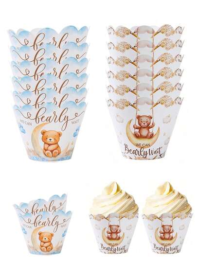 6 件婴儿洗礼主题派对纸杯蛋糕包装纸、熊图案烘焙纸杯蛋糕包装纸、“我们迫不及待”设计性别揭秘主题蛋糕装饰、生日装饰、派对用品、纸杯蛋糕装饰、烘焙用品、甜点装饰、婴儿洗礼装饰、性别揭秘用品、厨房用品