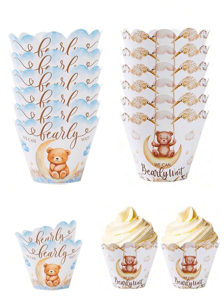 6 件婴儿洗礼主题派对纸杯蛋糕包装纸、熊图案烘焙纸杯蛋糕包装纸、“我们迫不及待”设计性别揭秘主题蛋糕装饰、生日装饰、派对用品、纸杯蛋糕装饰、烘焙用品、甜点装饰、婴儿洗礼装饰、性别揭秘用品、厨房用品 - 小熊 - 查看 1