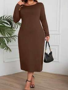 Plus Size Women Brown Long Sleeve Knit Midi Dress, Round Neck Fitted - Coffee Brown - View 1