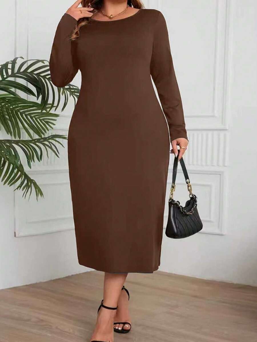 Plus Size Women Brown Long Sleeve Knit Midi Dress, Round Neck Fitted - Coffee Brown - View 1