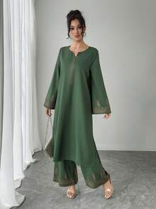 女士宽松两件套：V领长款喇叭袖连衣裙+松紧腰阔腿裤，休闲印花两件套，优雅奢华绿色正式晚宴派对假日日常穿着春季套装 - 綠色 - 查看 6
