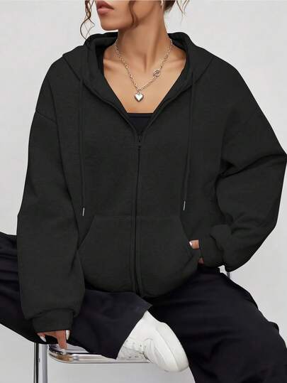 Women's Casual Loose Open Front Drop Shoulder Drawstring Hooded Pocket Fleece Sweatshirt, Minimalist And Elegant, Suitable For Daily Commute/Casual Outings/Hangouts With Friends/Home/Workout, Warm And Comfortable - Autumn/Winter Black