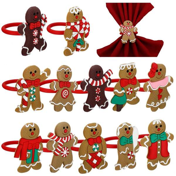 12pcs/1pc Christmas Napkin Rings, Bulk Christmas Chic Napkin Rings For Holiday Birthday Party Anniversary Dinner Wedding Table Decorations, Christmas Decorations Gingerbread