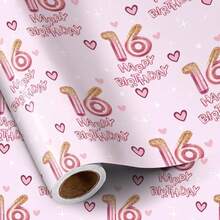 16th Wrapping Paper Birthday Girl, Sweet Hearts And Pink Number 16 Balloons Happy Birthday Design, 16 Years Old, Mini Roll, 17 Inches X 16.4 Feet, Perfect For Girls' Party Gifts - Tuổi 16 - Xem 1