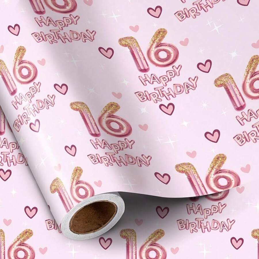 16th Wrapping Paper Birthday Girl, Sweet Hearts And Pink Number 16 Balloons Happy Birthday Design, 16 Years Old, Mini Roll, 17 Inches X 16.4 Feet, Perfect For Girls' Party Gifts - Tuổi 16 - Xem 1