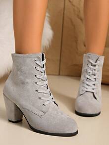 2025秋冬新款欧美时尚系带罗马角斗士靴，黑色高筒圆头粗跟靴 - 灰色 - 查看 5