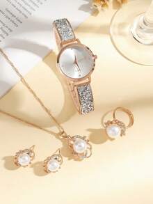 4 件套女士石英表，配有奢华水晶不锈钢表带，适合日常搭配、生日、周年纪念、万圣节和其他节日礼物，无礼盒 - 彩色 - 查看 2