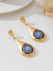 1 Pair Elegant Vintage Vibe Party Matte Metal Gold Water Drop Blue Enamel Rose Decor Women's Stud Earrings, Suitable For Formal Occasions