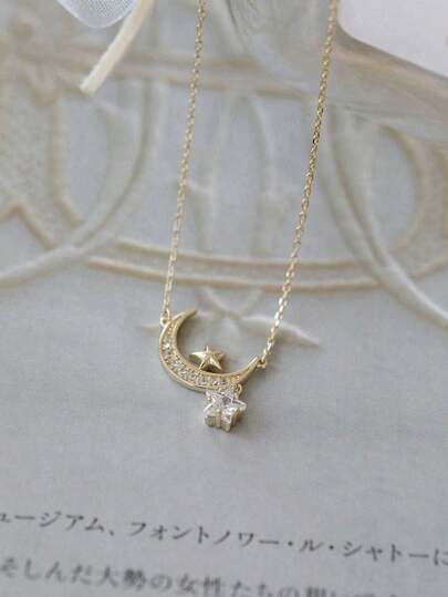 1pc Vintage S925 Sterling Silver Moon & Star Cubic Zirconia Pendant Necklace, Delicate Daily Versatile Jewelry Accessory, Couples Anniversary Gift